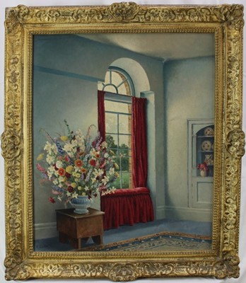 Lot 1177 - R. Lister, mid 20th century, oil on canvas - still life interior, signed, 60cm x 50cm, framed