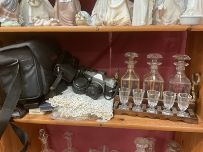 Lot 202 - Decanter and glasses stand, cameras, jewellery boxes and textiles