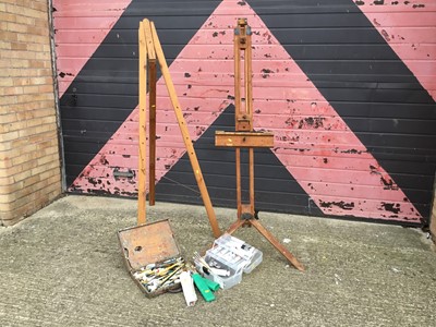 Lot 324 - Two folding easels, paint box with contents and related items
