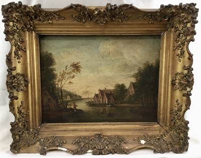 Lot 96 - 19th century English School oil on panel - village beside a river, in gilt frame
