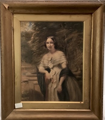 Lot 99 - Pair of Victorian English School watercolours on paper laid on canvas - portraits of a lady and gentleman, in glazed gilt frames