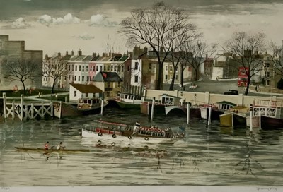 Lot 512 - Jeremy King (b.1933) four lithographs of river scenes - Chelsea, Eton College Windsor and two castles