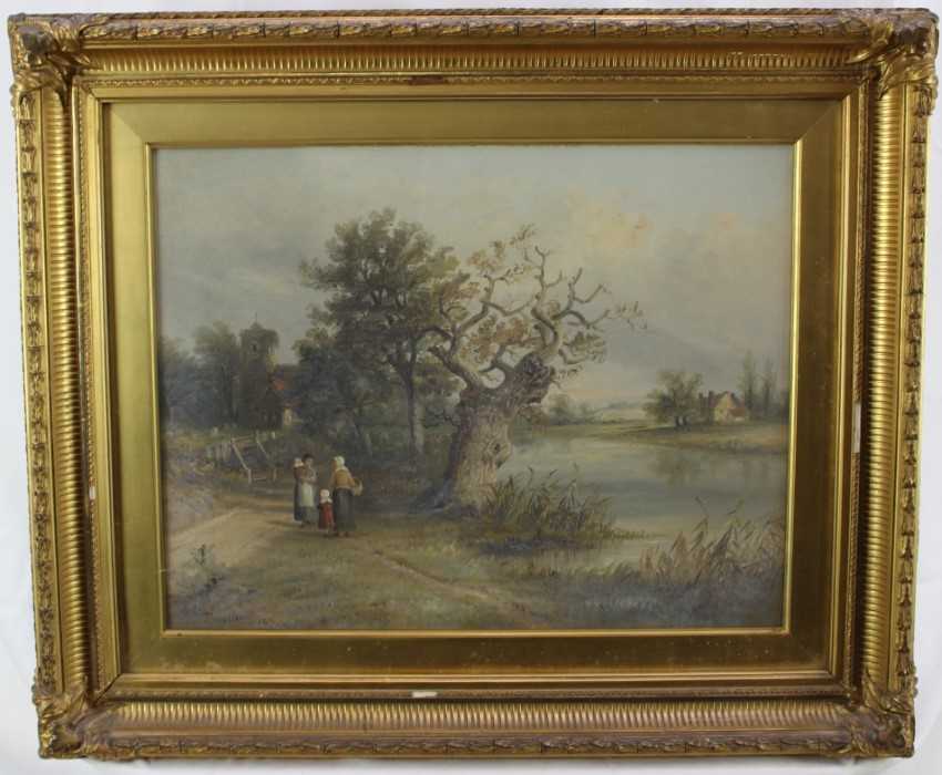 Lot 1111 - Thomas Smythe oil on canvas figures beside a river