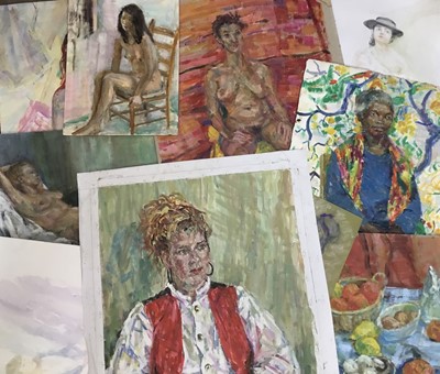 Lot 325 - Elisabeth Fraser (b.1930) two folios of unframed watercolours, pastels and other works, many portraits
