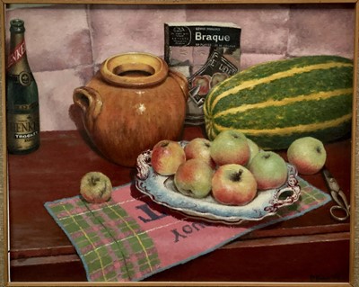 Lot 119 - Patrick Julian Fisher (1930-1987) oil on canvas board - still life with Braque book, signed