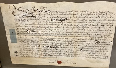 Lot 1462 - 17th century glazed indenture framed together with another and a collection of unframed indentures