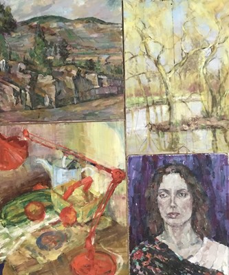 Lot 3 - Elisabeth Fraser (b.1930) group of unframed works on paper, canvas and board, to include portraits, landscapes and still life (23)