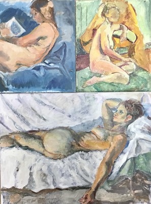 Lot 78 - Gwen Arthy (1927-2021) a group of oil on canvas and board studies of nudes and one still life, all unframed (8)