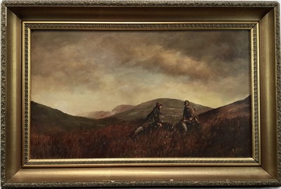 Lot 77 - 20th century oil on canvas signed Hamlet - Highland stalking scene, 49cm x 29cm, in gilt frame