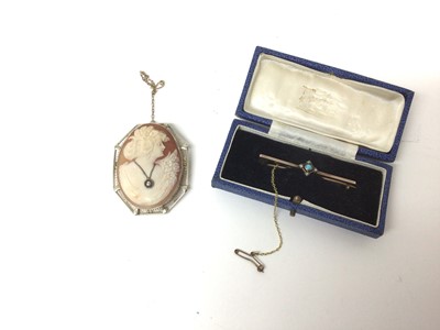 Lot 69 - Continental carved shell cameo, in 14k white gold filigree mount, the profile bust wearing a diamond-inset necklace, together with an Edwardian 9ct gold brooch with turquoise and diamonds