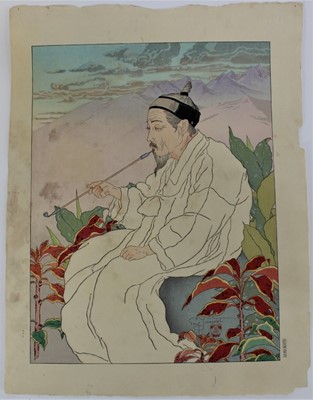 Lot 1190 - Paul Jacoulet (1896-1960) signed woodblock print titled Hokkan-Zan, Seoul, Coree, signed in pencil, 47cm x 37cm, unframed