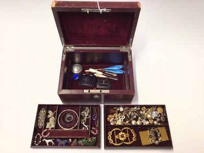 Lot 60 - Victorian red leather jewellery box containing silver, vintage costume jewellery and bijouterie