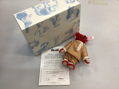 Lot 1883 - Steiff Replica 1926 Bear 407215, Harrods Musical Bear 650369, Pocket Alfonzo 66429 and Little Elephant Pincushion 420313.  All boxed and with certifcates.