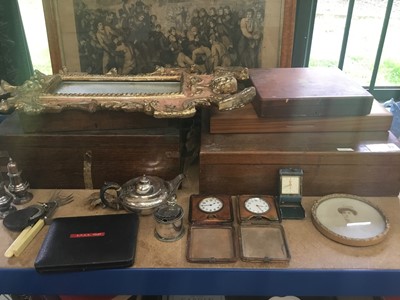 Lot 45 - Lot cutlery canteens , Italian-style gilt framed wall mirror, travelling clocks, plated ware and sundries