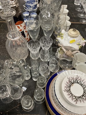 Lot 152 - Collection of decorative glass and ceramics including pair of Sitzendorf oil lamp bases, decanters, etc