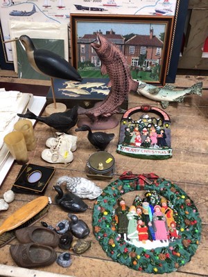 Lot 15 - Sundry items, including antique clay pipes, pictures, bird ornaments, child's christening dresses