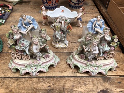 Lot 17 - Six pieces of continental porcelain, including a pair of figures on stone bases, a pair of figural groups, another group, and a bowl