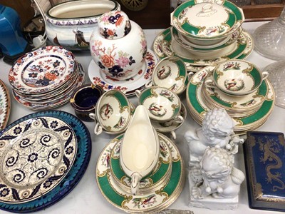 Lot 279 - Ironstone dinner plates, Wedgwood ginger jar, Islamic dishes, Myott Staffordshire dinner ware, pair dogs of foo and Mailing dragon box with cover