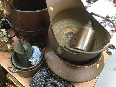 Lot 340 - Brass pricket candlestick, together with iron bound wooden barrel, copper vessel, copper coal scuttle and sundry metalwares