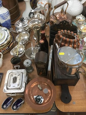 Lot 343 - 19th century Copper Jelly mould, WMF watering can, oak candle box, copper kettle, silver plated ware and sundries.