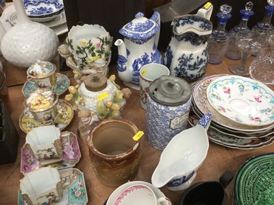 Lot 344 - Majolica leaf plates, Cantonese porcelain cup and saucer, two Continental porcelain chocolate cups and covers, together with other ceramics.