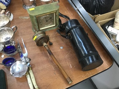 Lot 354 - Green onyx cased Elliot clock retailed by Fattorini of Bradford, together with a trio of flasks in case and a Tibetan spinning prayer wheel (3)