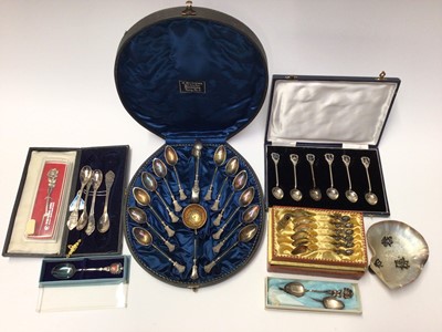 Lot 88 - Set twelve German silver (800) teaspoons, sifting spoon and pair sugar tongs in fitted case, six India souvenir spoons stamped sterling silver, other Continental silver spoons