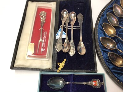 Lot 88 - Set twelve German silver (800) teaspoons, sifting spoon and pair sugar tongs in fitted case, six India souvenir spoons stamped sterling silver, other Continental silver spoons