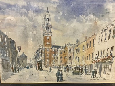 Lot 175 - Group of eleven pictures to include a watercolour by Geoff Ivory of Old Colchester High Street, signed etching by Malcolm Osborne, three antique hand coloured engravings of Colchester, and six anti...