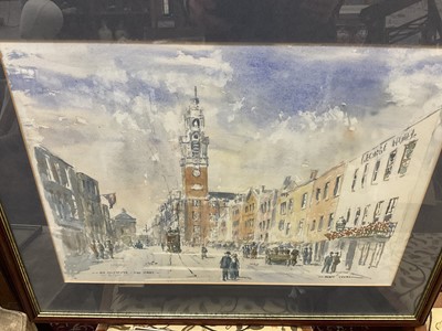 Lot 175 - Group of eleven pictures to include a watercolour by Geoff Ivory of Old Colchester High Street, signed etching by Malcolm Osborne, three antique hand coloured engravings of Colchester, and six anti...