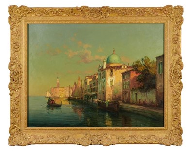 Lot 1094 - *Antoine Bouvard (1870-1955/56) oil on canvas - Venice canal scene with St. Mark’s Campanile in the distance, 49.8cm x 64.9cm