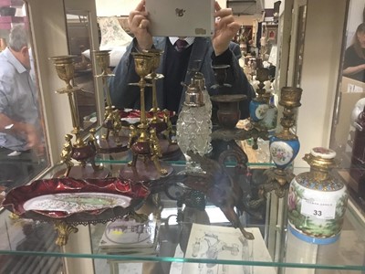 Lot 33 - Late 19th century enamelled on copper dish decorated with a budgerigar on ormolu feet, pair marble and ormolu candlesticks and other decorative items