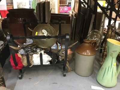 Lot 382 - Large West German pottery vase, walking sticks, light fittings, log basket and other items including a large wooden vase.