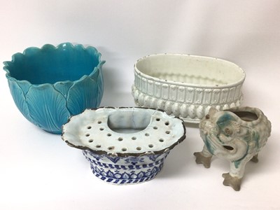 Lot 318 - Burmantofts blue glazed jardiniere, Burmantofts style toad, 18th century Delftware posy holder and Spanish Faience planter