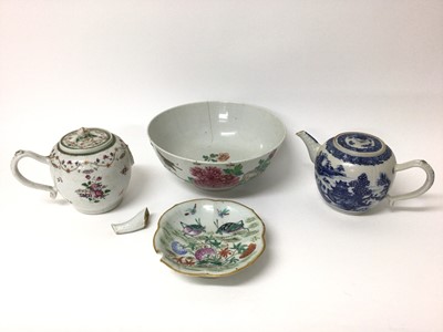 Lot 317 - Two 18th century Chinese teapots, 18th century Famille Rose bowl and 19th century Famille Rose dish