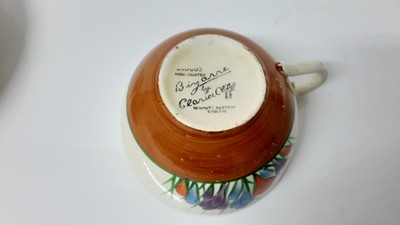 Lot 1133 - Clarice Cliff Crocus pattern cupp, saucer and milk jug