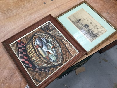 Lot 424 - Jim Thompson, painting on silk of an Elephant together with an etching and other pictures