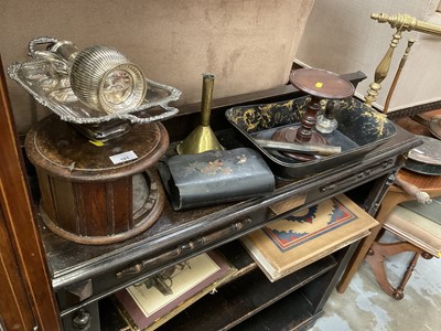 Lot 101 - Sundry items, including a brass goffering iron, turned treen stand, Victorian papier mache items, large hardback 'Rural England' with numerous prints, etc