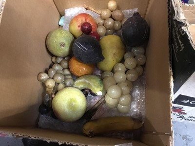 Lot 79 - Lot carved and stained alabaster fruit and lot geological specimens