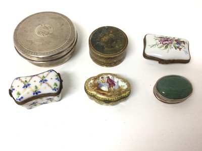 Lot 223 - Collection of trinket boxes, including one silver with a Christies label to base, one painted ivory, another silver with inset stone cover, and three continental porcelain with brass mounts (6)