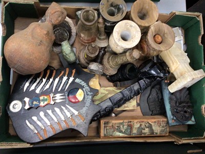Lot 439 - Serpentine rock lighthouses, stone vases, box of lens and sundry items
