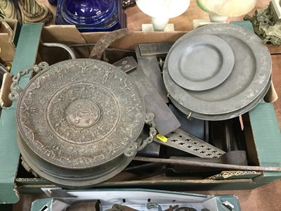 Lot 408 - Two boxes of mixed metalwares and bygones to include crotal bells, sheep shears and sundries.