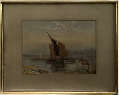 Lot 15 - G Barret (1774-1842) watercolour - unloading boats at shore, image 39cm x 28cm in glazed frame