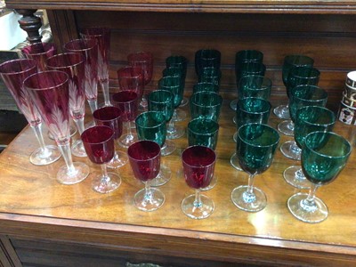 Lot 79 - Collection of Victorian green and cranberry coloured wine glasses, together with six Bohemian cut glasses