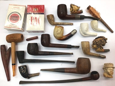 Lot 121 - Collection of old pipes and two packets of cigarettes within a Cuban cigar box