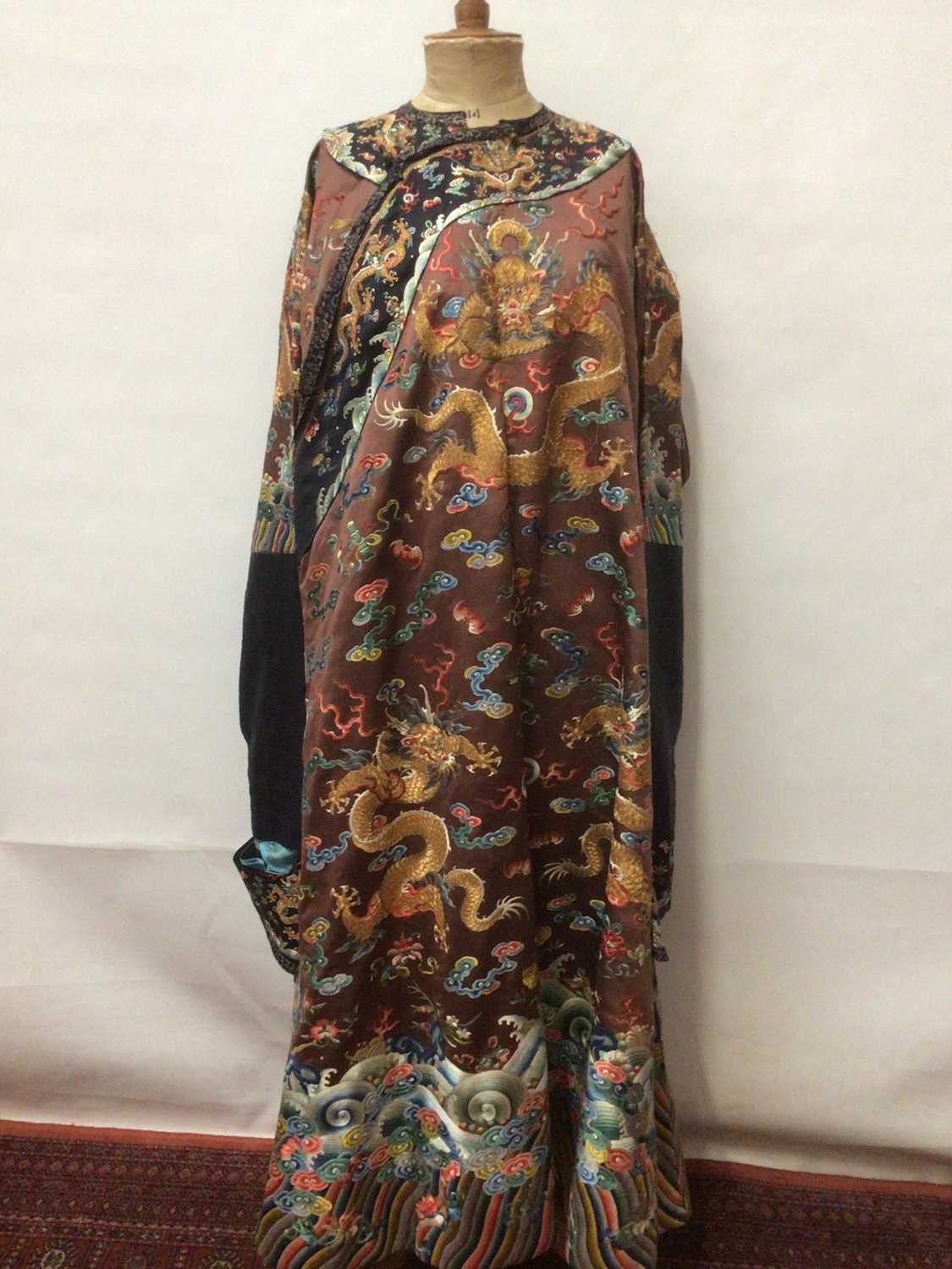 Lot 2057 - 19th Century Chinese embroidered brown silk robe with Horse Hoof cuffs, five Dragons and pale blue silk lining.