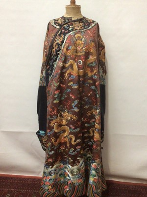 Lot 2057 - 19th Century Chinese embroidered brown silk robe with Horse Hoof cuffs, five Dragons and pale blue silk lining.