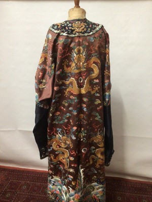Lot 2057 - 19th Century Chinese embroidered brown silk robe with Horse Hoof cuffs, five Dragons and pale blue silk lining.