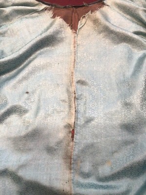 Lot 2057 - 19th Century Chinese embroidered brown silk robe with Horse Hoof cuffs, five Dragons and pale blue silk lining.