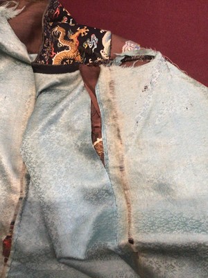 Lot 2057 - 19th Century Chinese embroidered brown silk robe with Horse Hoof cuffs, five Dragons and pale blue silk lining.